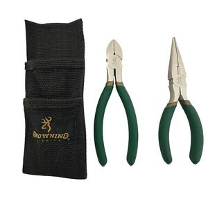 Browning Fishing Pliers Set Needle Nose Side Cutters Green Grips Nylon Sheath